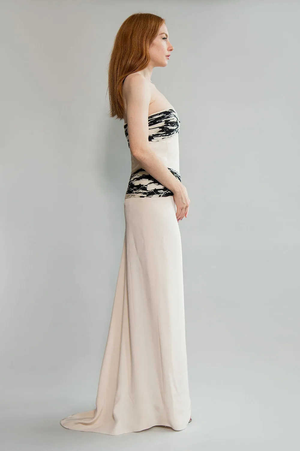 1990's Silk and Chiffon Strapless Gown