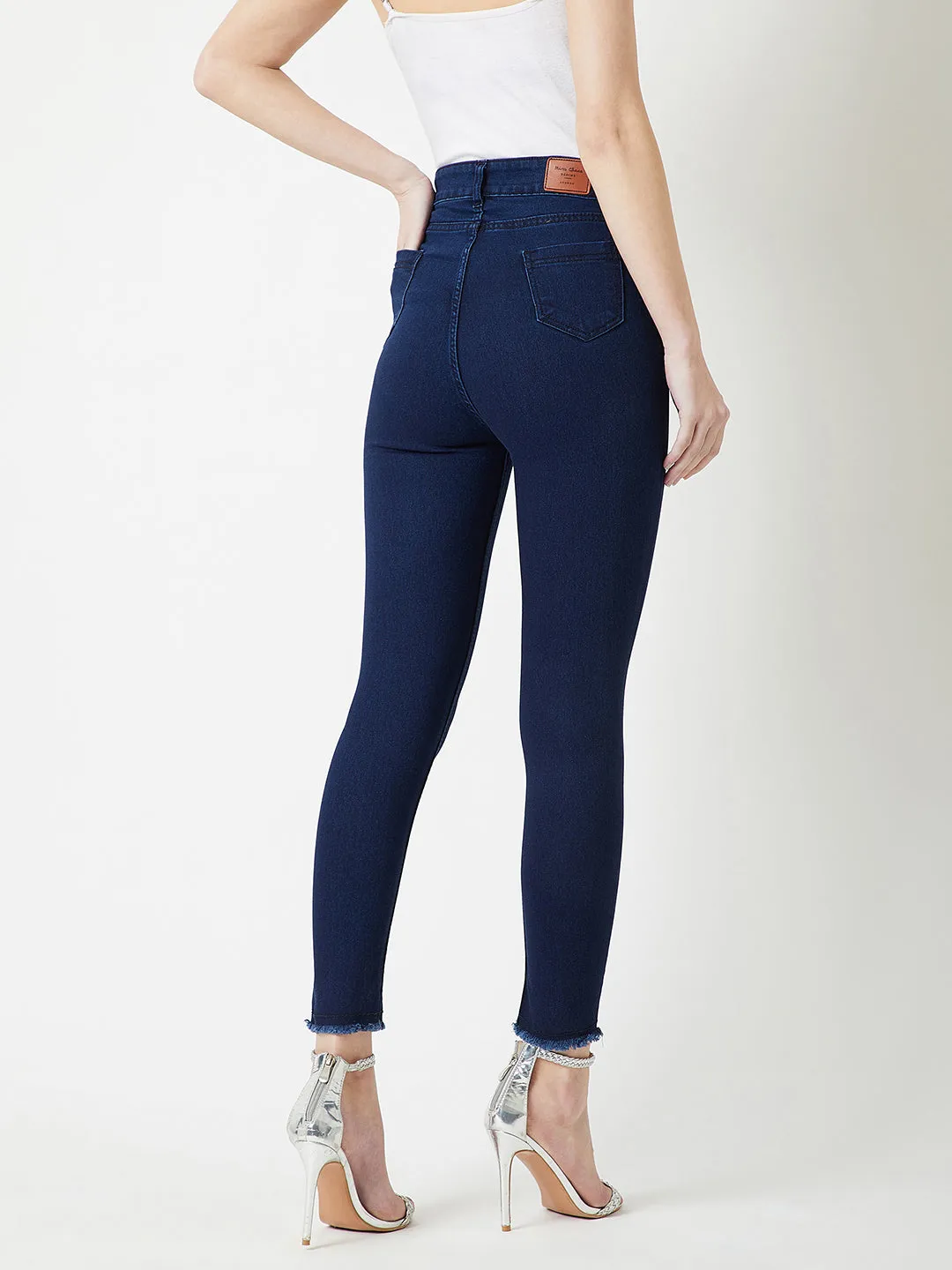 24/7 comfort Women's Navy Blue Skinny High Rise Solid Clean Look Cropped Fringed Hemline Stretchable Denim Jeans