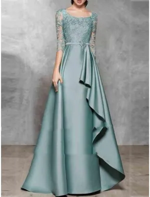 A-Line Evening Gown Black Dress Plus Size Elegant Dress Formal Wedding Floor Length Half Sleeve Scoop Neck Satin with Pleats