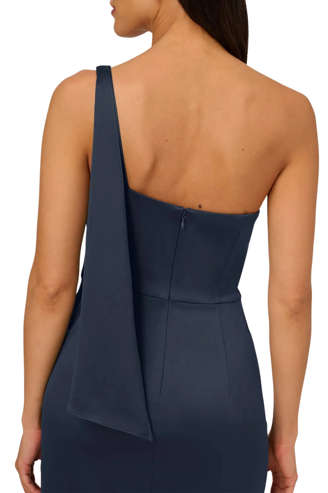 Adrianna Papell asymmetrical neck one shoulder pleated bodice metal ring accent slit side satin crepe gown