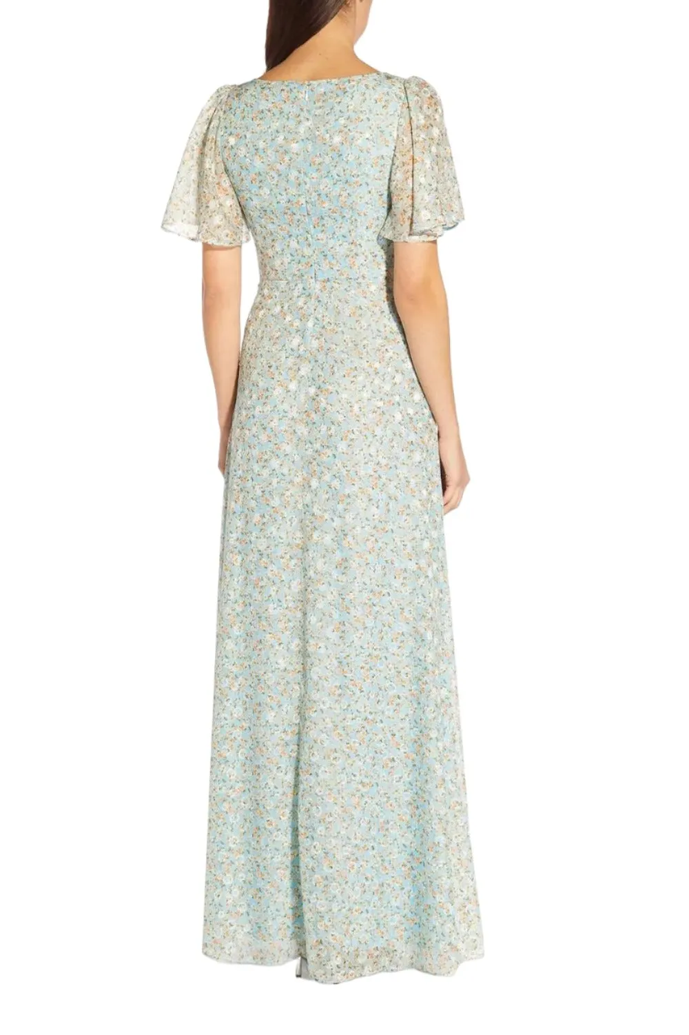 Adrianna Papell Boat Neck With Front Key Hole Back Zipper Flutter Short Sleeves Long Chiffon Gown