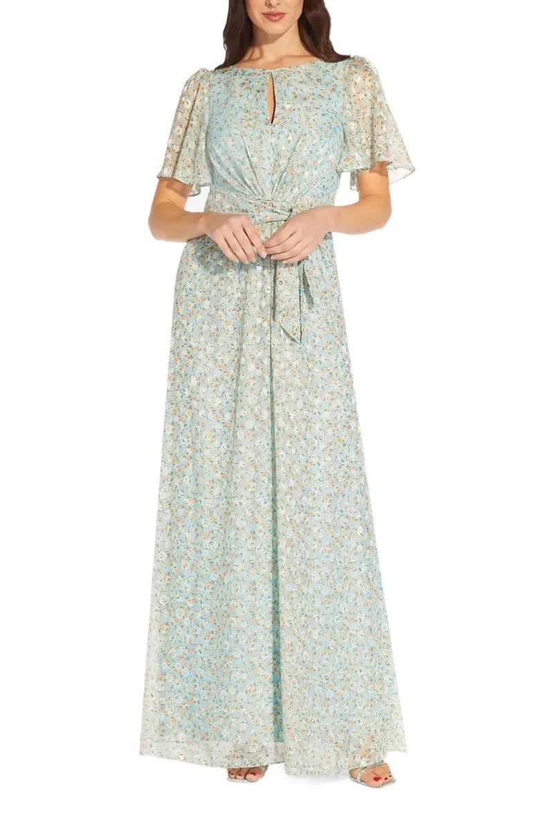 Adrianna Papell Boat Neck With Front Key Hole Back Zipper Flutter Short Sleeves Long Chiffon Gown