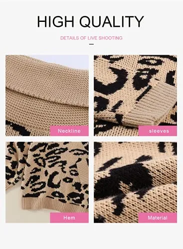 Aleumdr Womens Fashion Warm Turtleneck Long Sleeves Leopard Printed Chunky Loose Knit Jumper Pullover Sweater Khaki Black Small