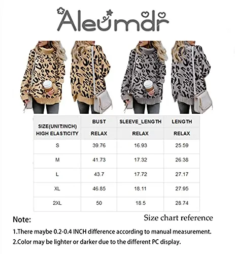 Aleumdr Womens Fashion Warm Turtleneck Long Sleeves Leopard Printed Chunky Loose Knit Jumper Pullover Sweater Khaki Black Small
