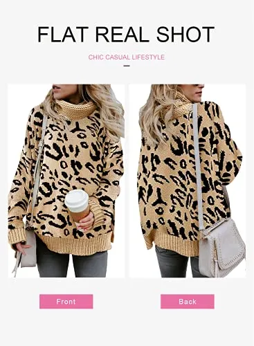 Aleumdr Womens Fashion Warm Turtleneck Long Sleeves Leopard Printed Chunky Loose Knit Jumper Pullover Sweater Khaki Black Small