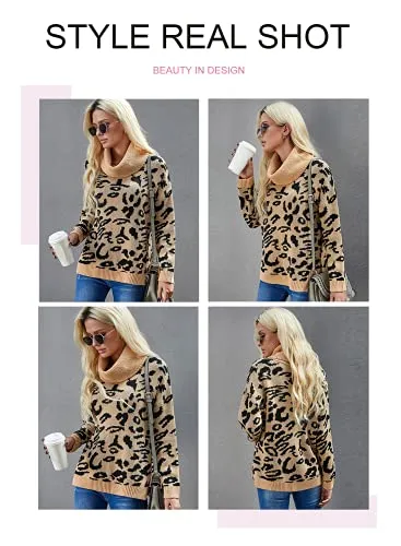Aleumdr Womens Fashion Warm Turtleneck Long Sleeves Leopard Printed Chunky Loose Knit Jumper Pullover Sweater Khaki Black Small