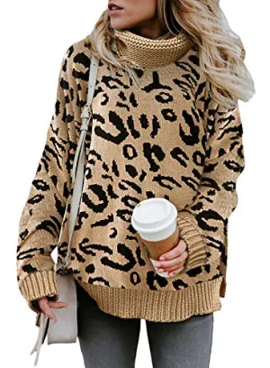 Aleumdr Womens Fashion Warm Turtleneck Long Sleeves Leopard Printed Chunky Loose Knit Jumper Pullover Sweater Khaki Black Small