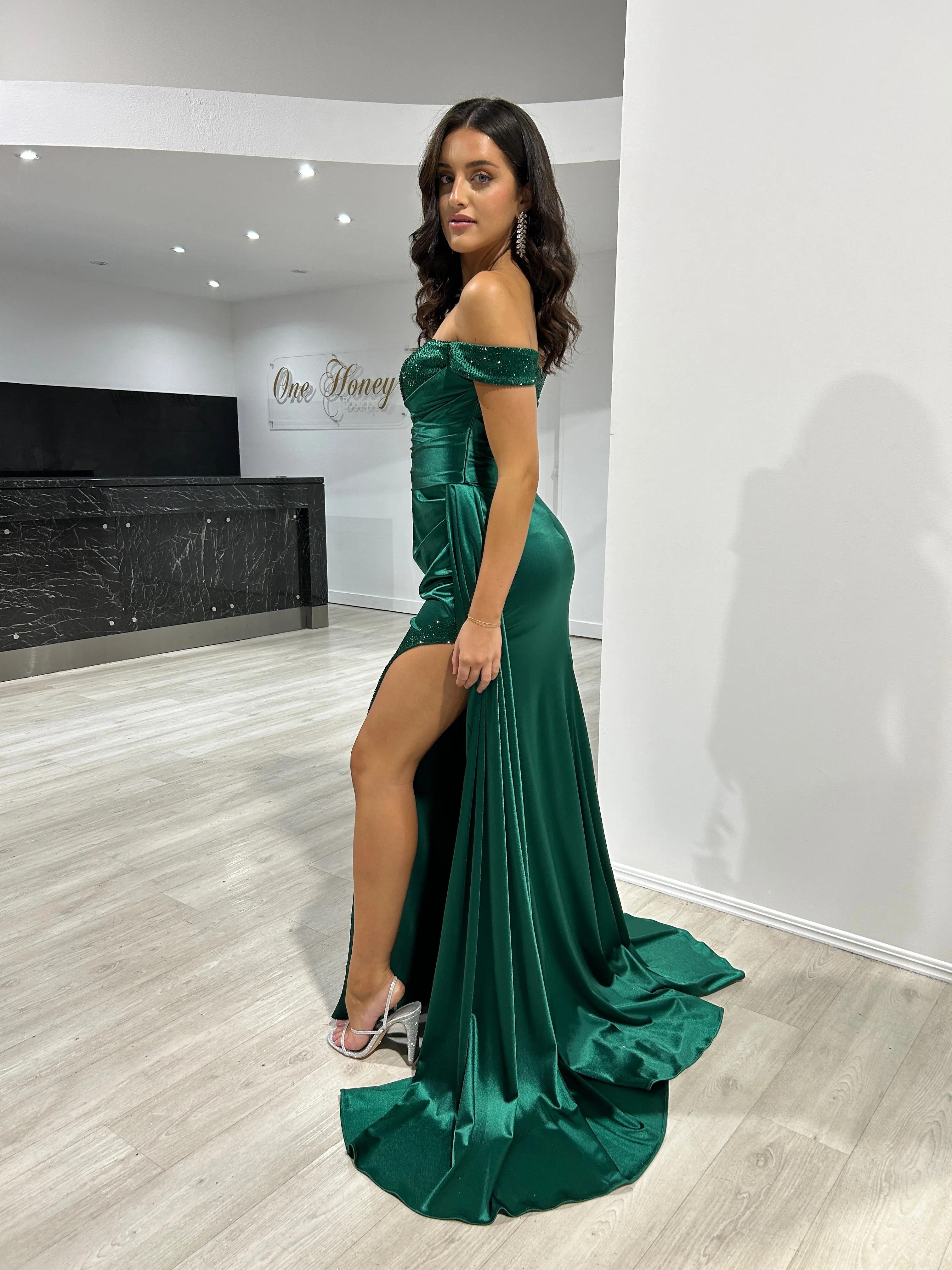 AMARA Satin Diamanté Detail Off The Shoulder Formal Dress