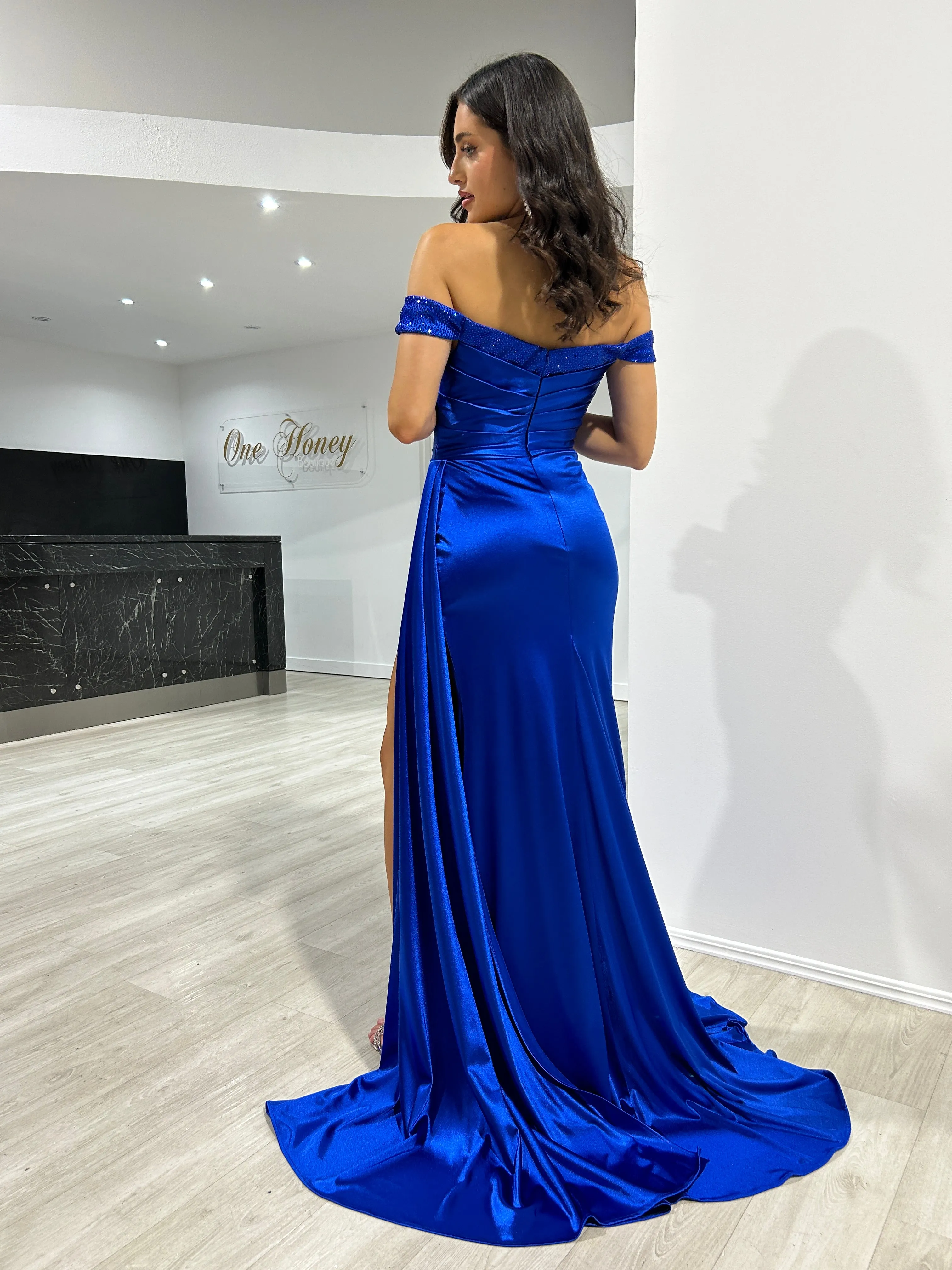 AMARA Satin Diamanté Detail Off The Shoulder Formal Dress