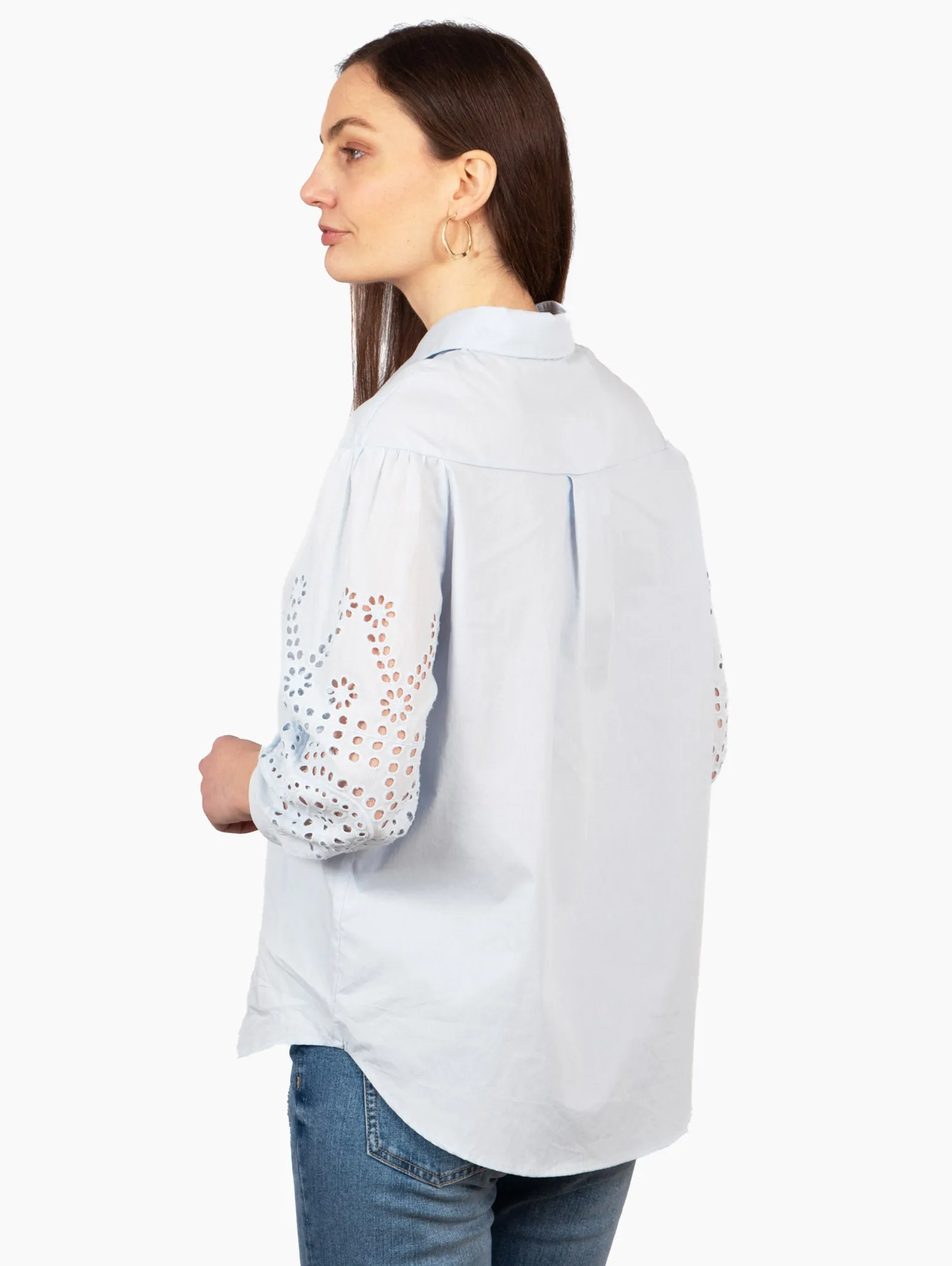 Anya Cotton Oversized Shirt - Blue, Cut-Out Broderie