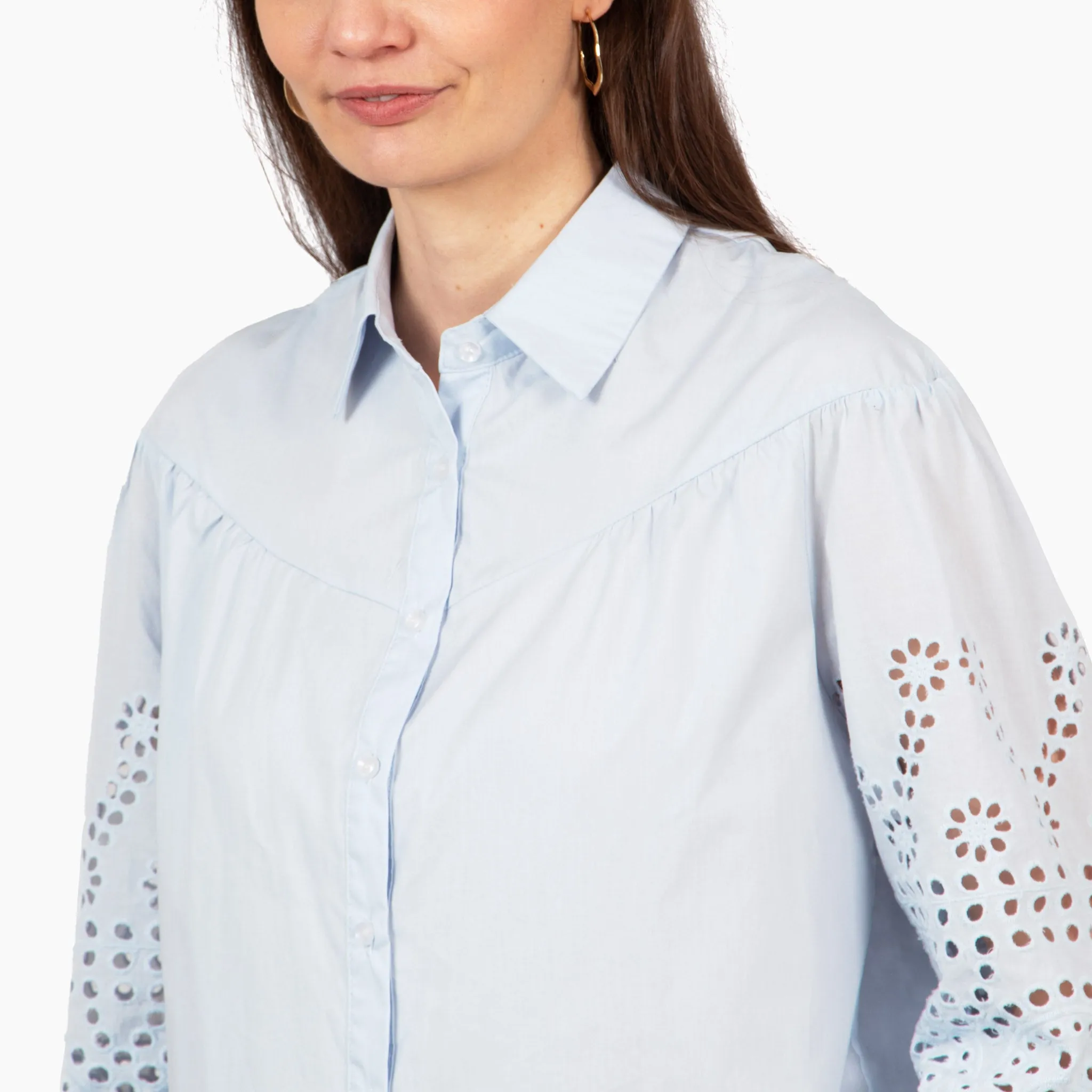 Anya Cotton Oversized Shirt - Blue, Cut-Out Broderie