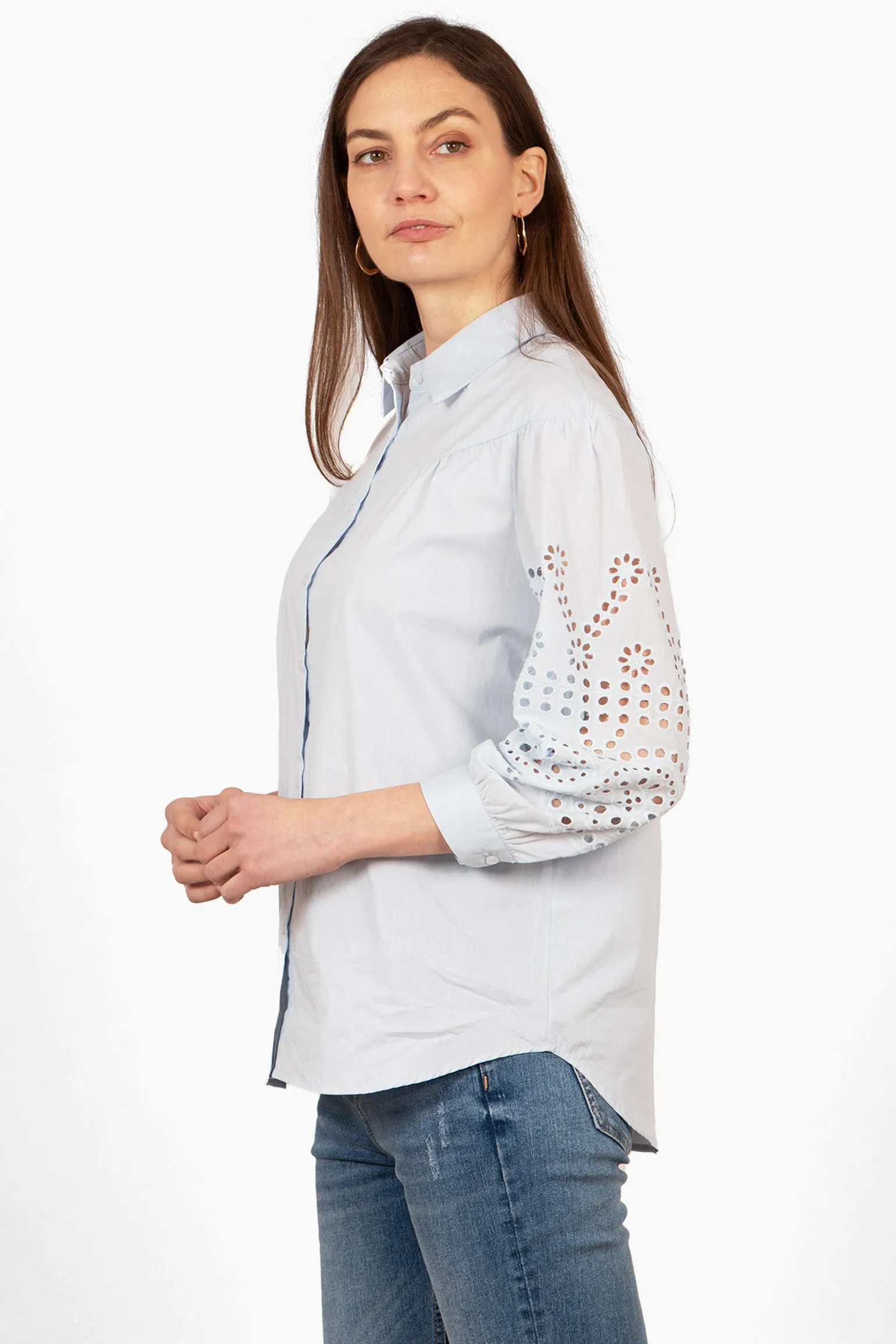 Anya Cotton Oversized Shirt - Blue, Cut-Out Broderie