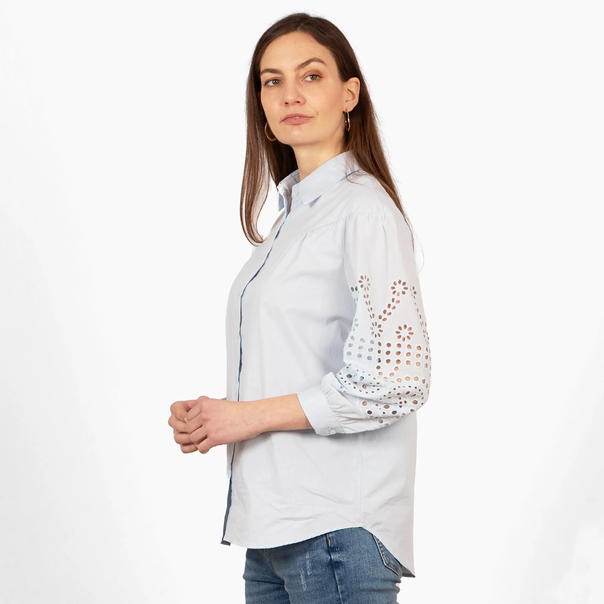 Anya Cotton Oversized Shirt - Blue, Cut-Out Broderie