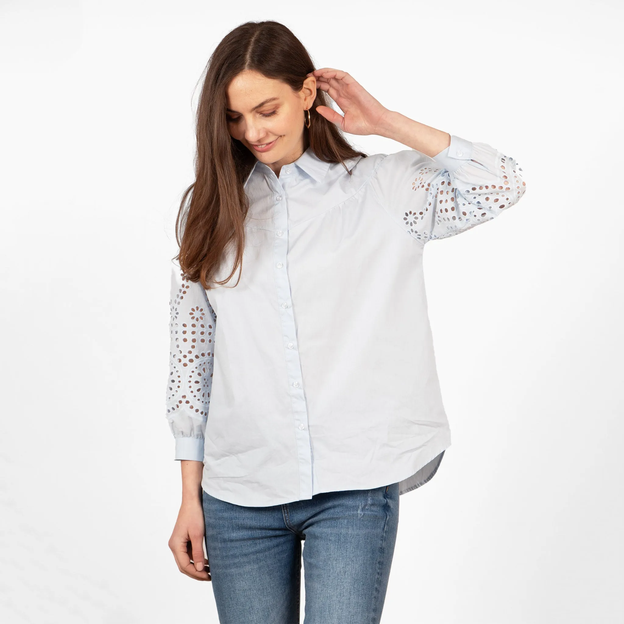 Anya Cotton Oversized Shirt - Blue, Cut-Out Broderie