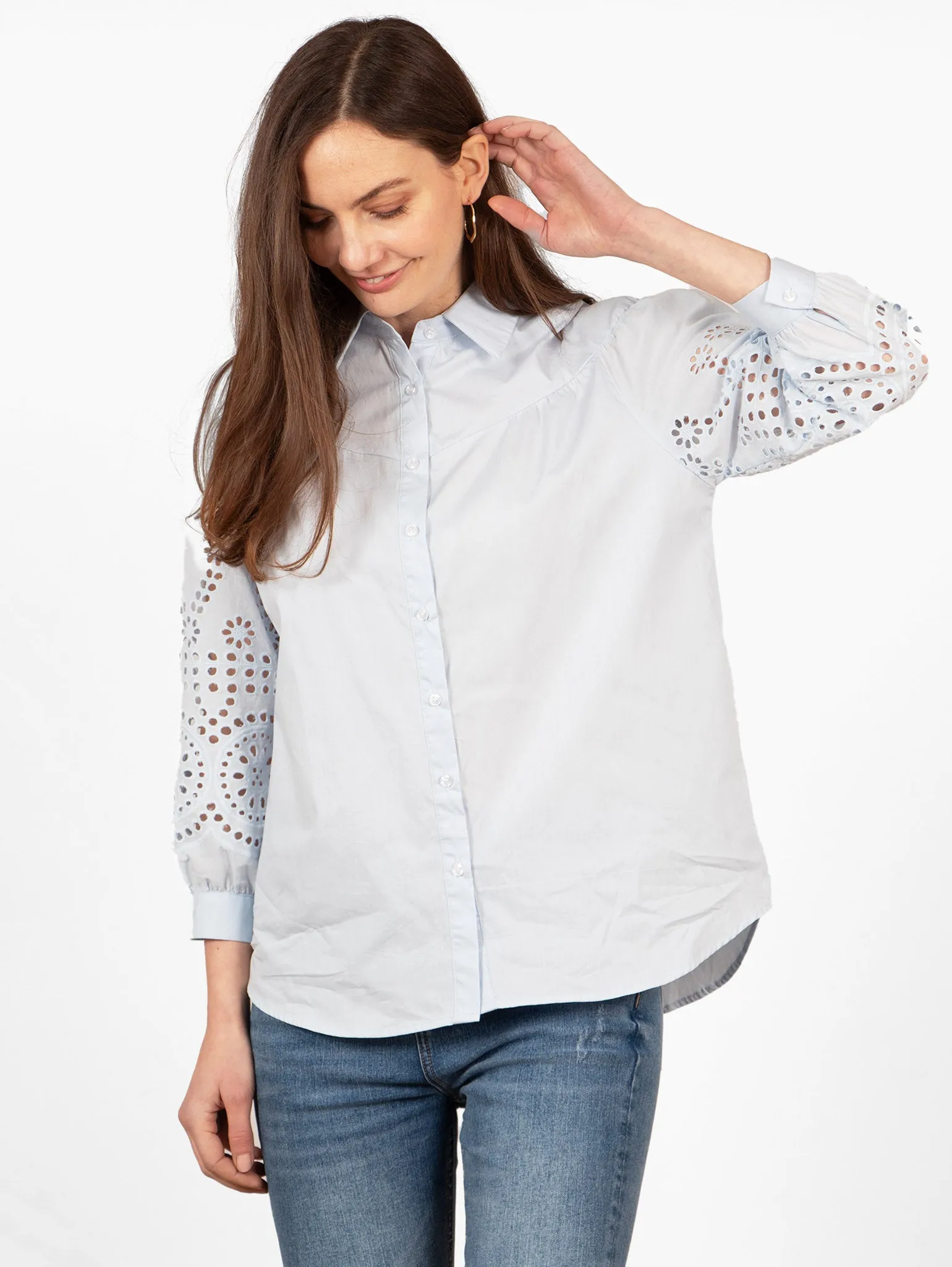 Anya Cotton Oversized Shirt - Blue, Cut-Out Broderie