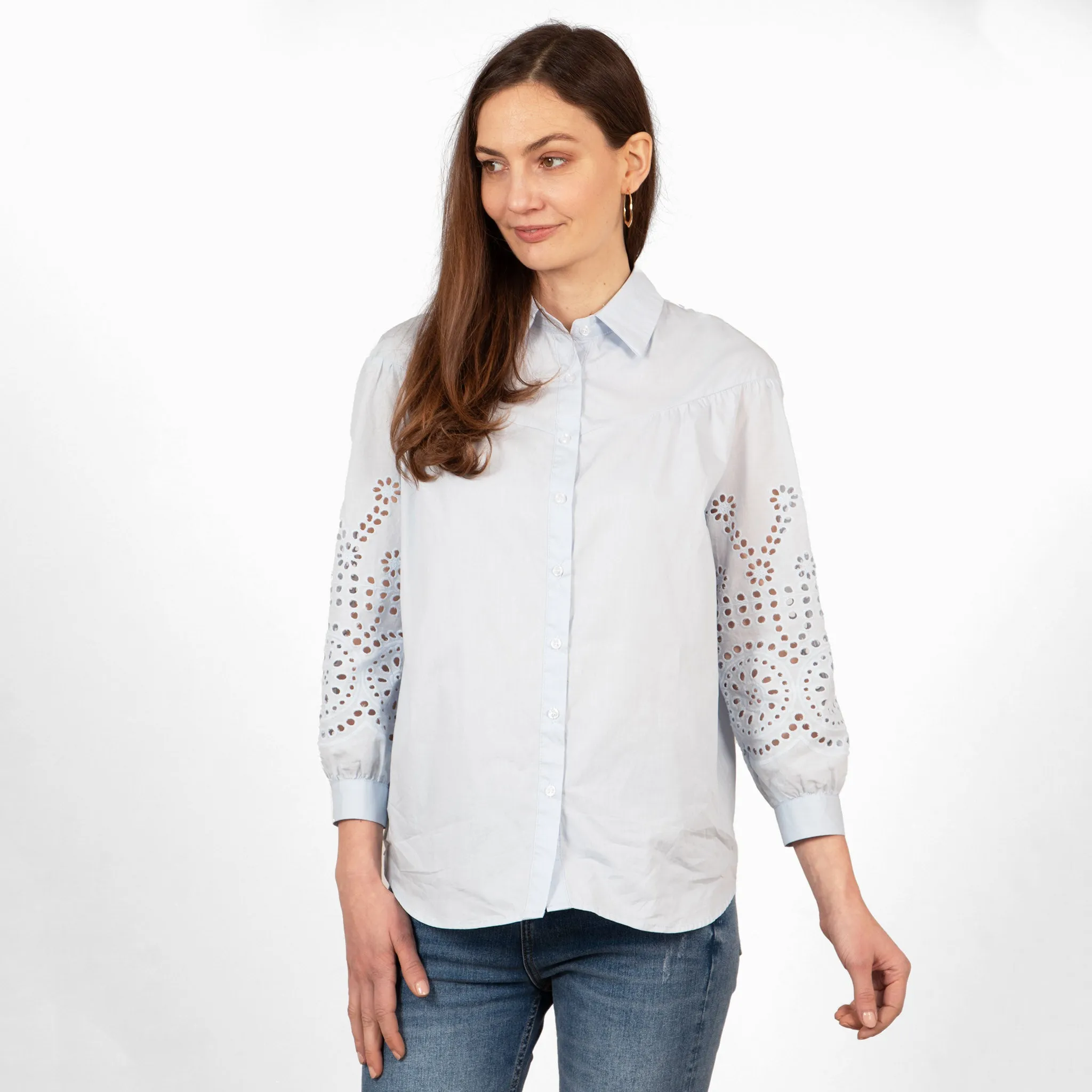 Anya Cotton Oversized Shirt - Blue, Cut-Out Broderie