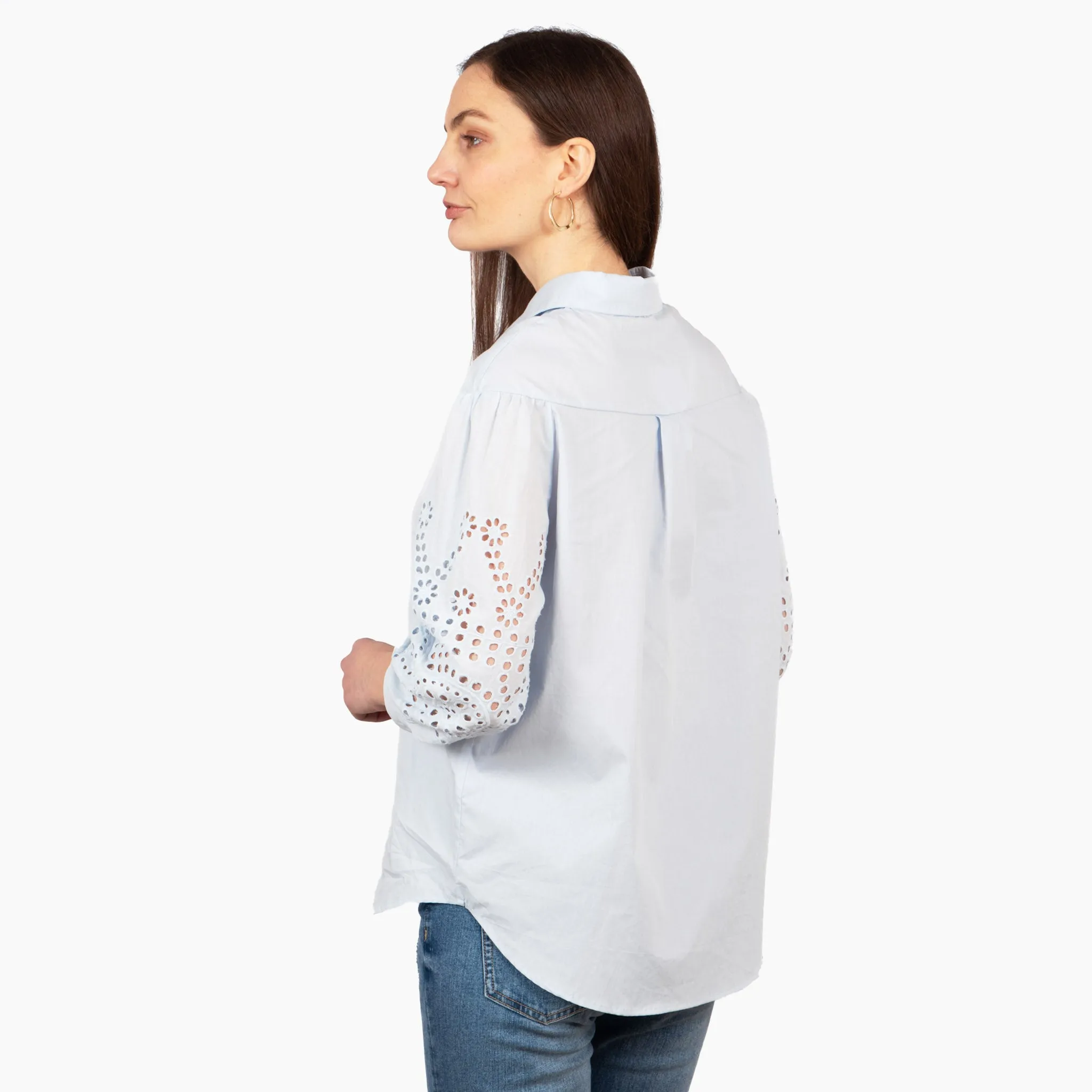Anya Cotton Oversized Shirt - Blue, Cut-Out Broderie