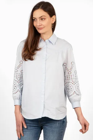 Anya Cotton Oversized Shirt - Blue, Cut-Out Broderie