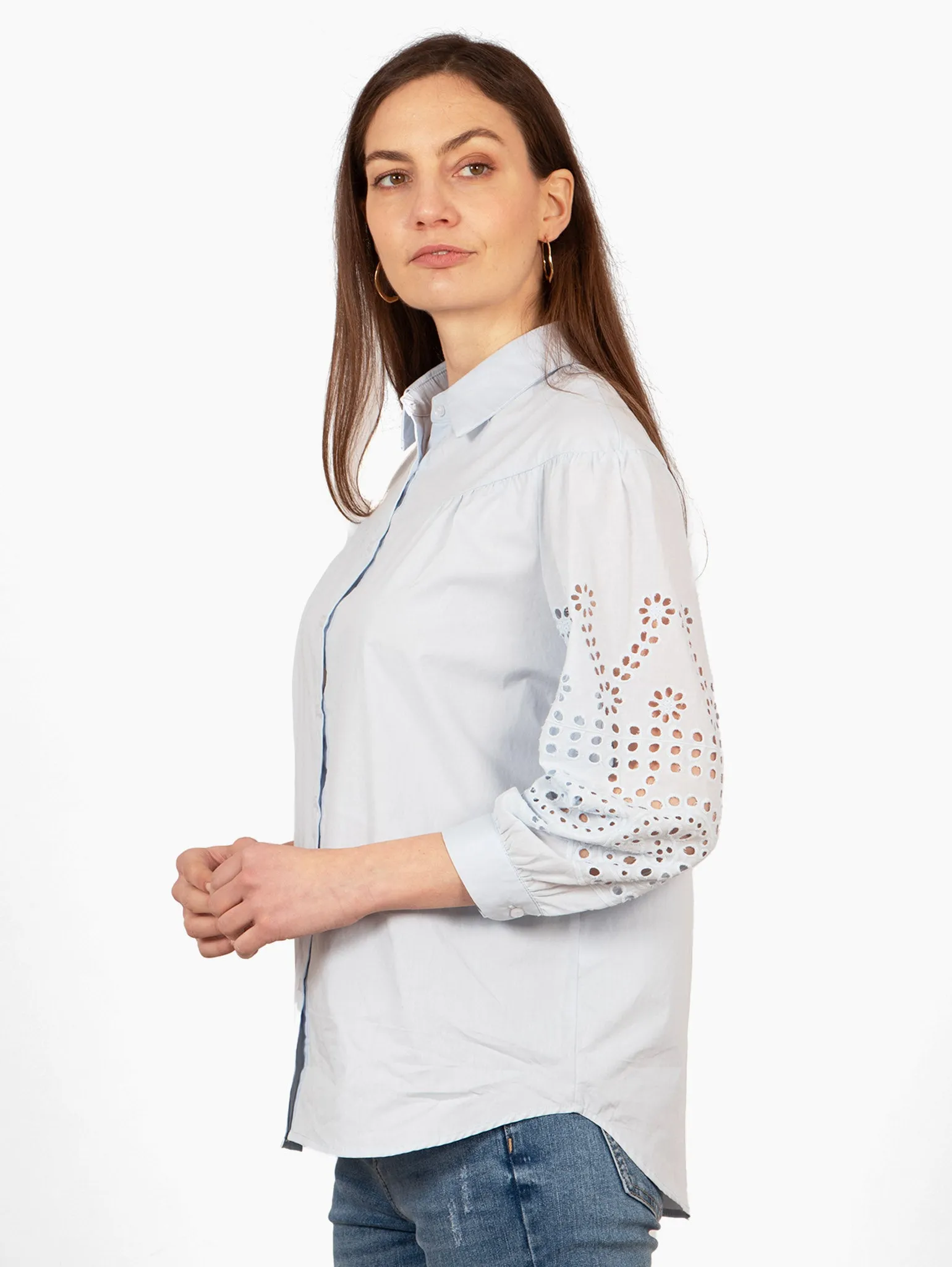 Anya Cotton Oversized Shirt - Blue, Cut-Out Broderie