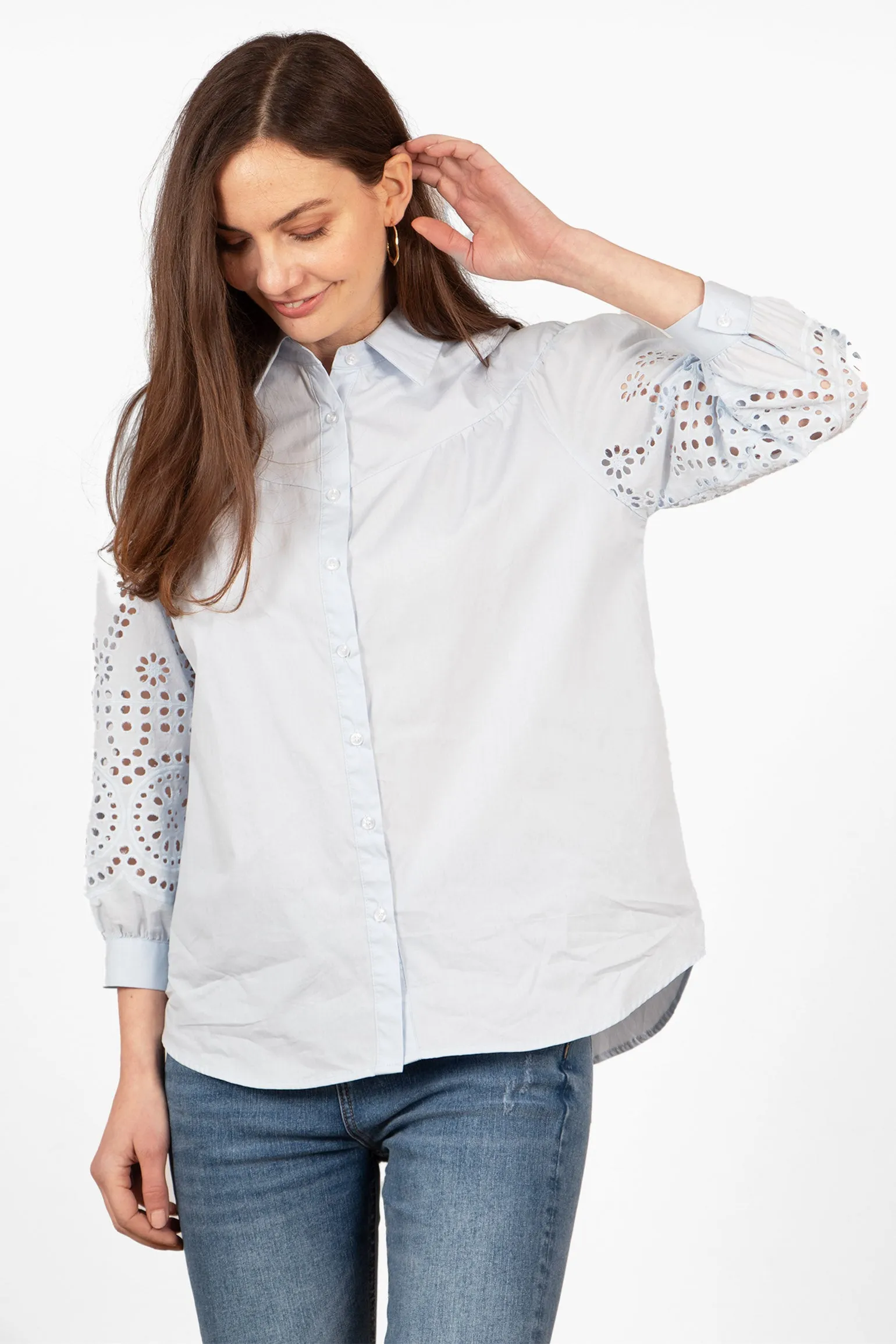 Anya Cotton Oversized Shirt - Blue, Cut-Out Broderie