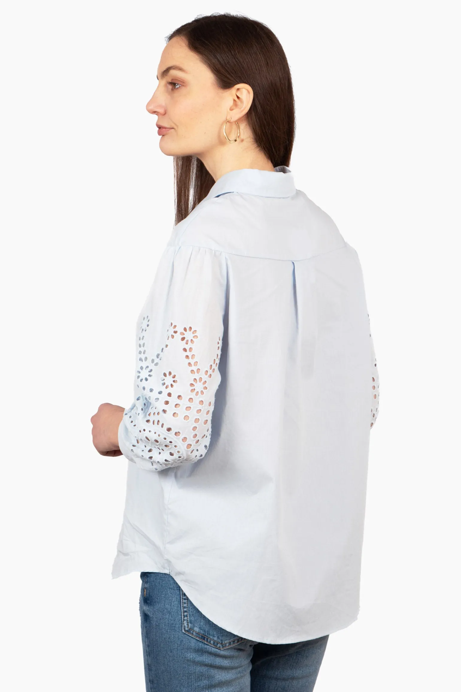 Anya Cotton Oversized Shirt - Blue, Cut-Out Broderie