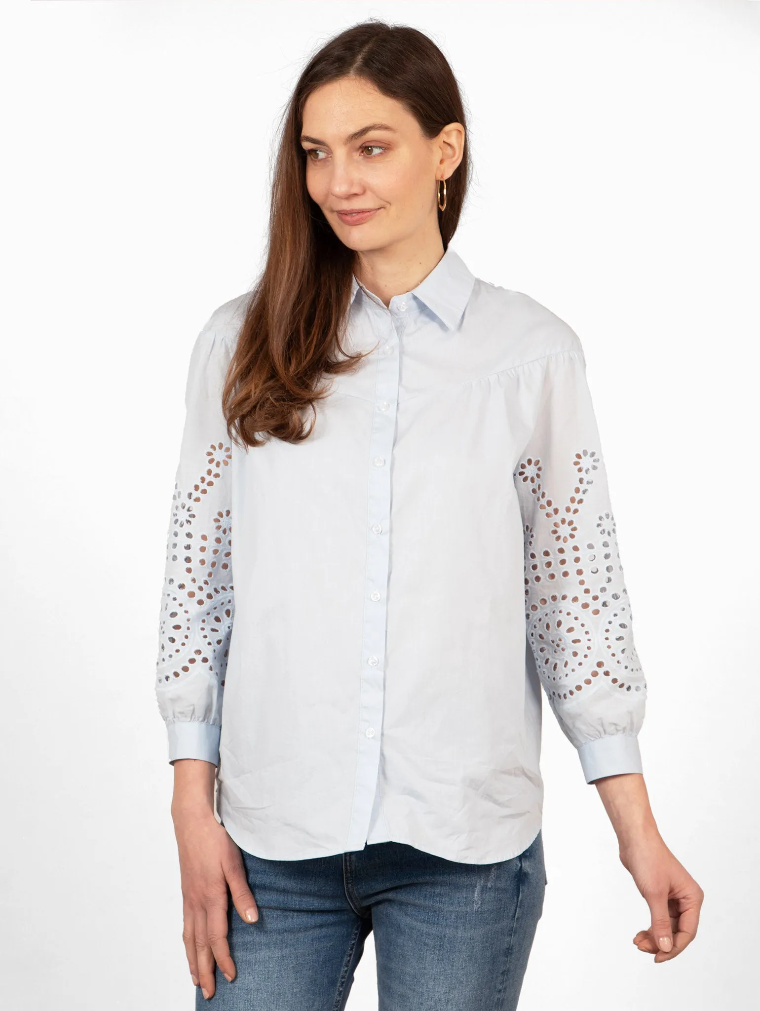 Anya Cotton Oversized Shirt - Blue, Cut-Out Broderie
