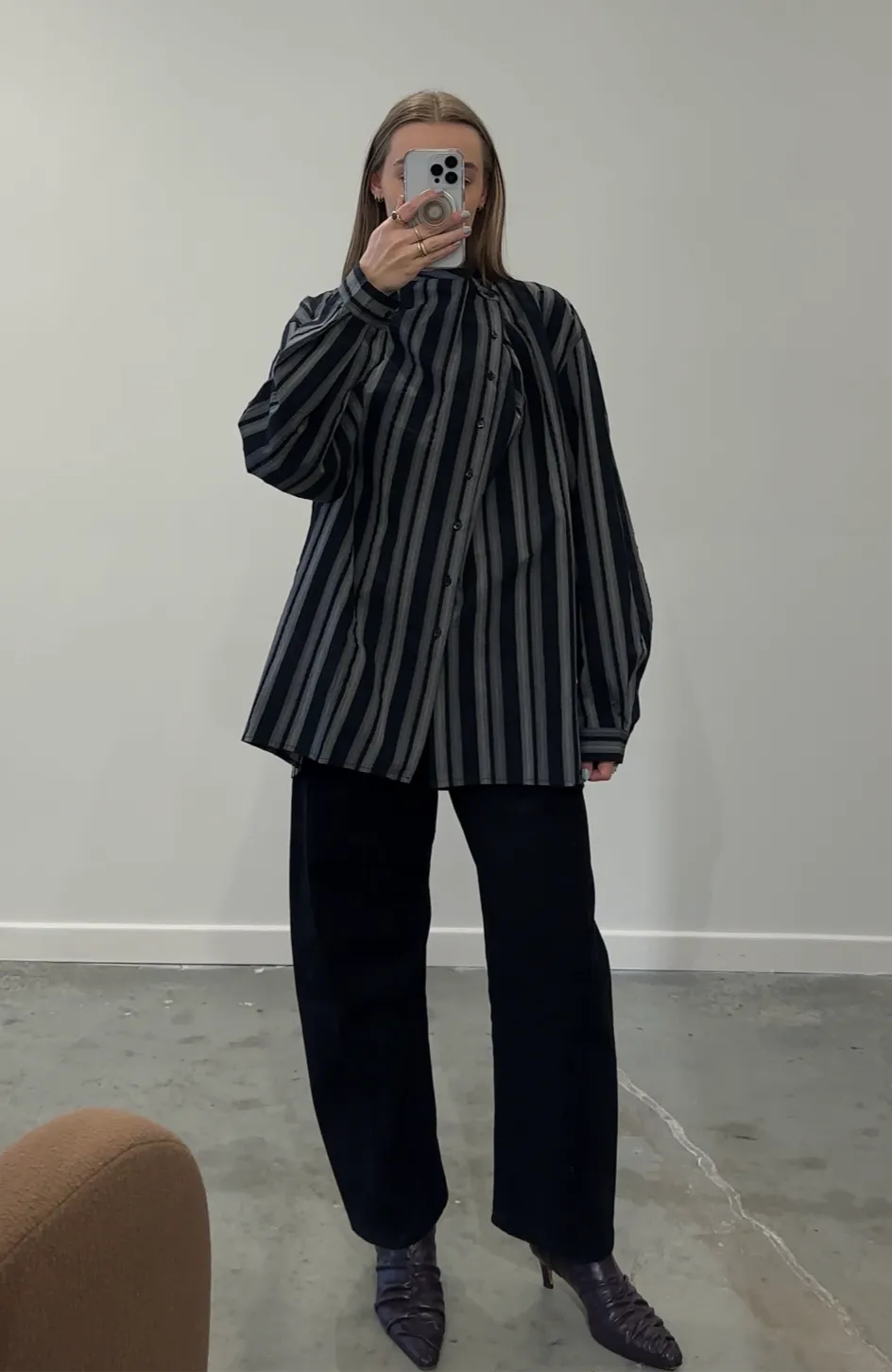 Black Striped Asymmetrical Button Down Blouse
