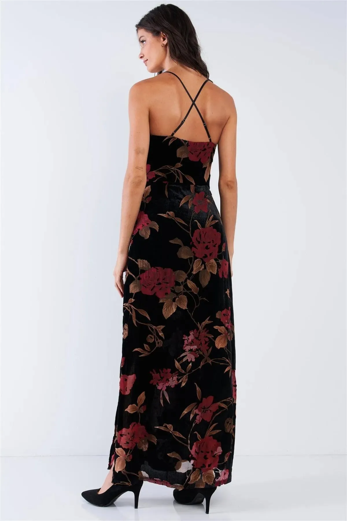 Black Velvet Multi Color Floral Print V-Neck Criss-Cross Back Straps Maxi Dress /1-2-1-1