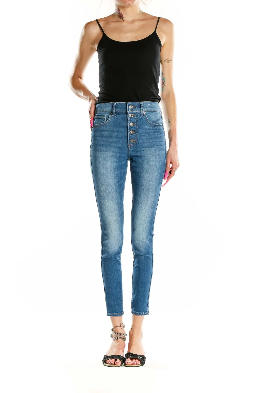 Blue Button-Fly High-Waisted Skinny Jeans