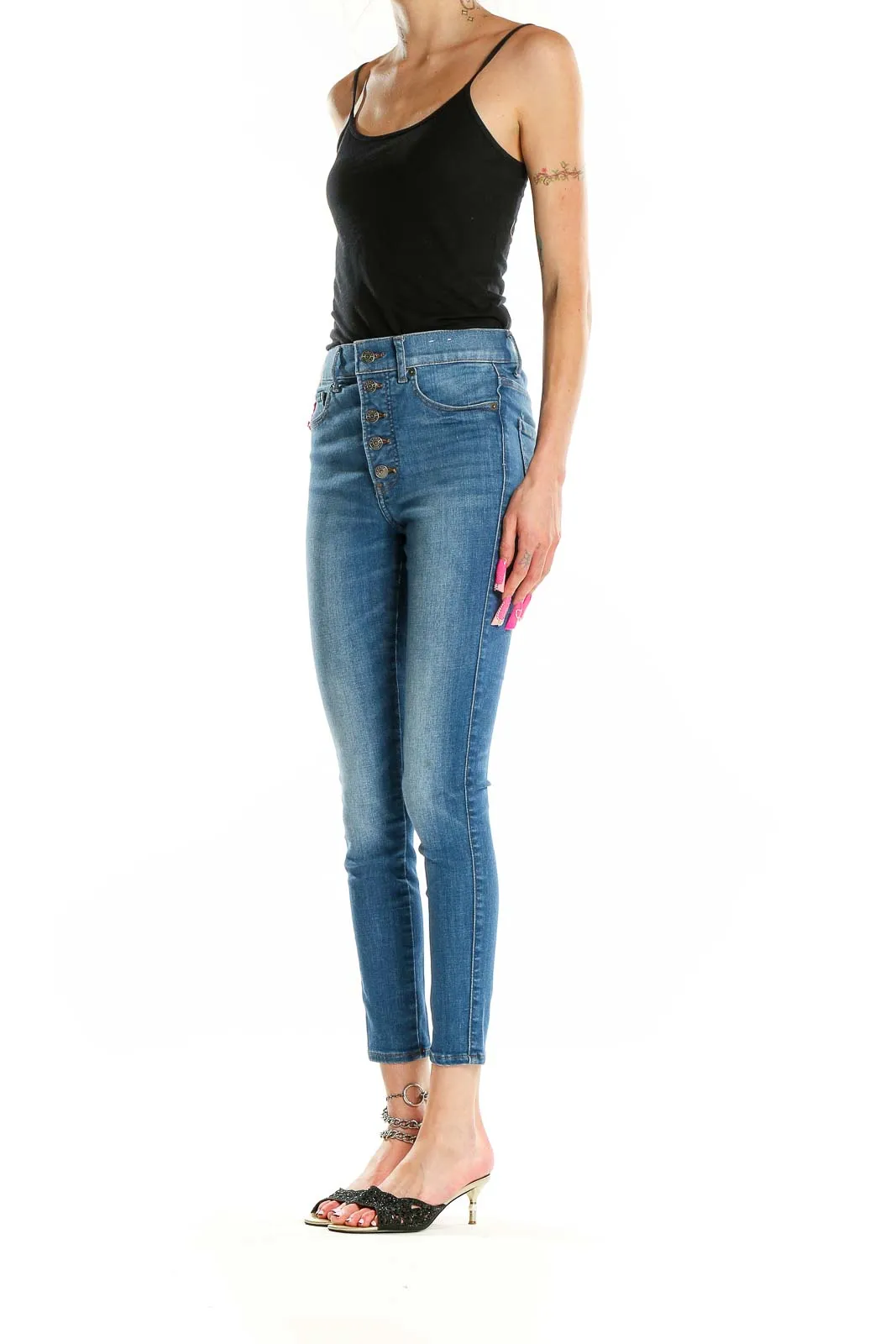 Blue Button-Fly High-Waisted Skinny Jeans
