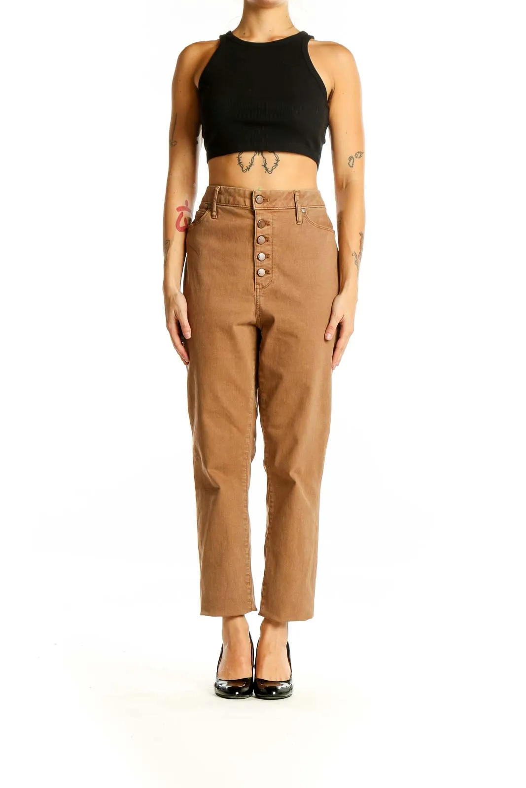 Camel High-Waisted Button-Front Jeans