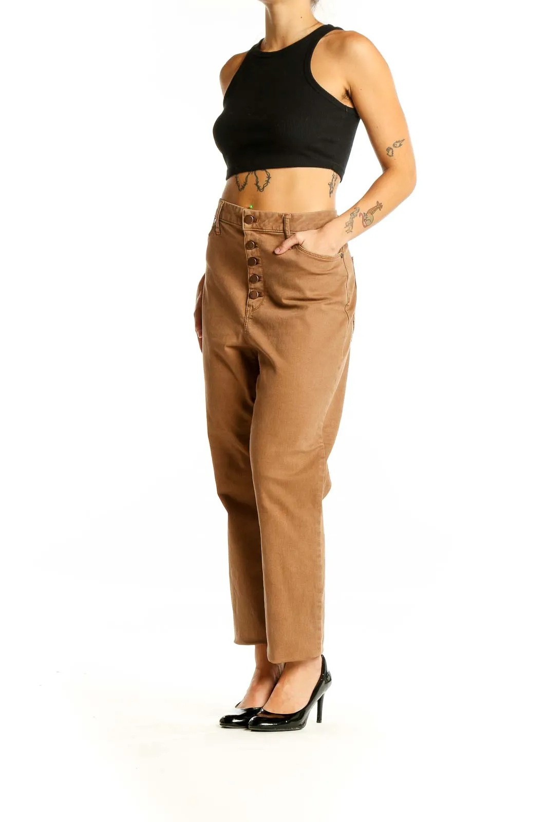 Camel High-Waisted Button-Front Jeans