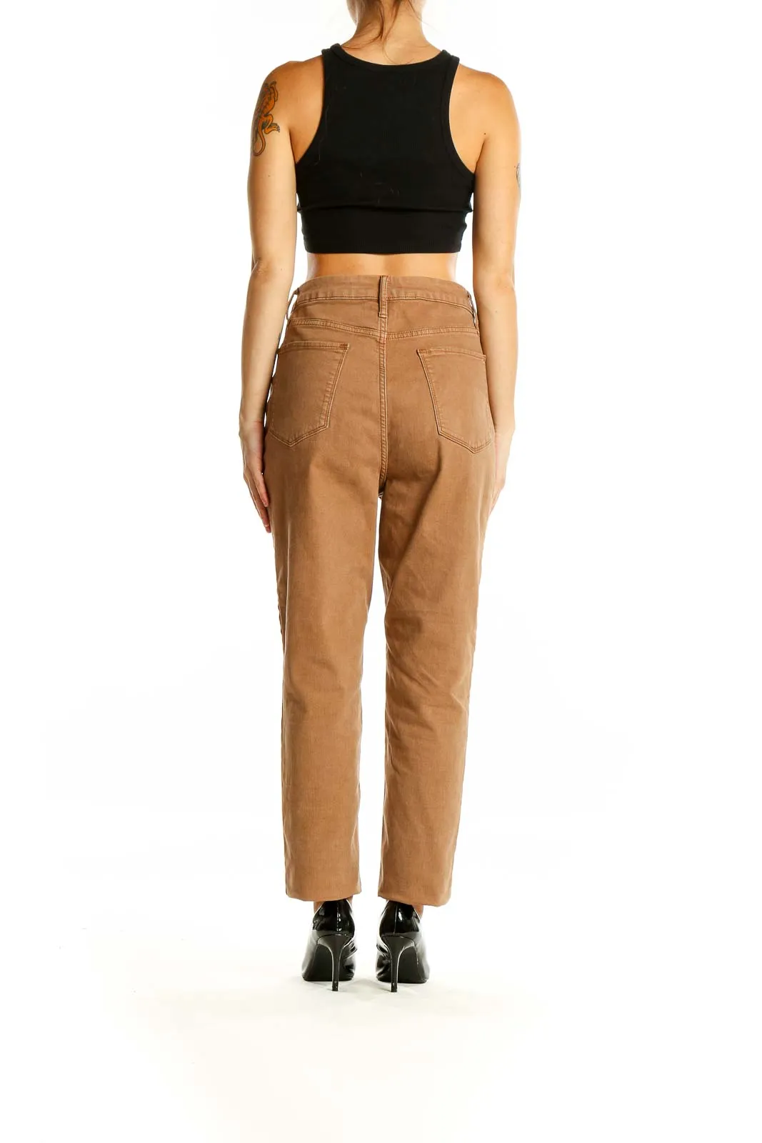 Camel High-Waisted Button-Front Jeans