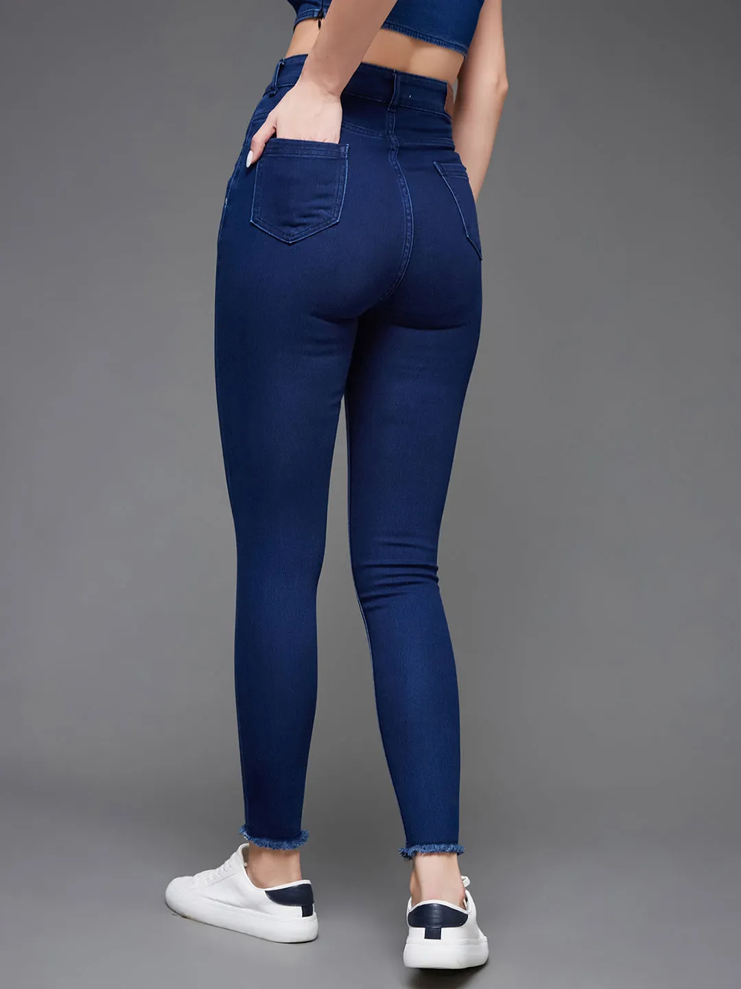 CHASEstretch™ Women's Navy Blue Skinny High Rise Cropped Fringed Hemline Denim Jeans