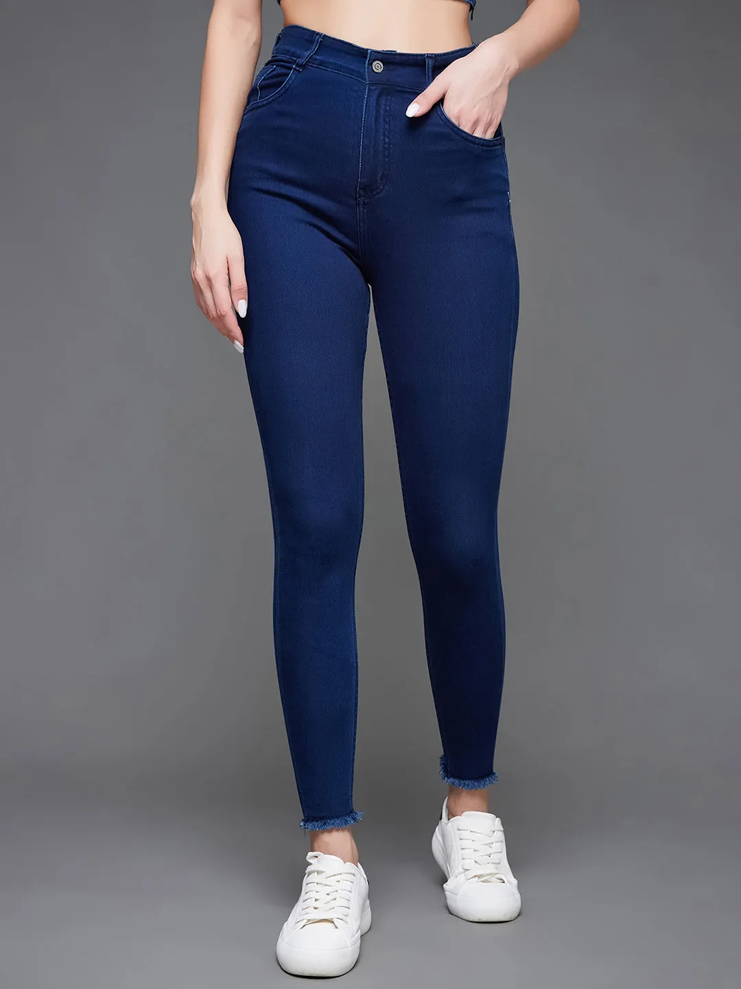 CHASEstretch™ Women's Navy Blue Skinny High Rise Cropped Fringed Hemline Denim Jeans