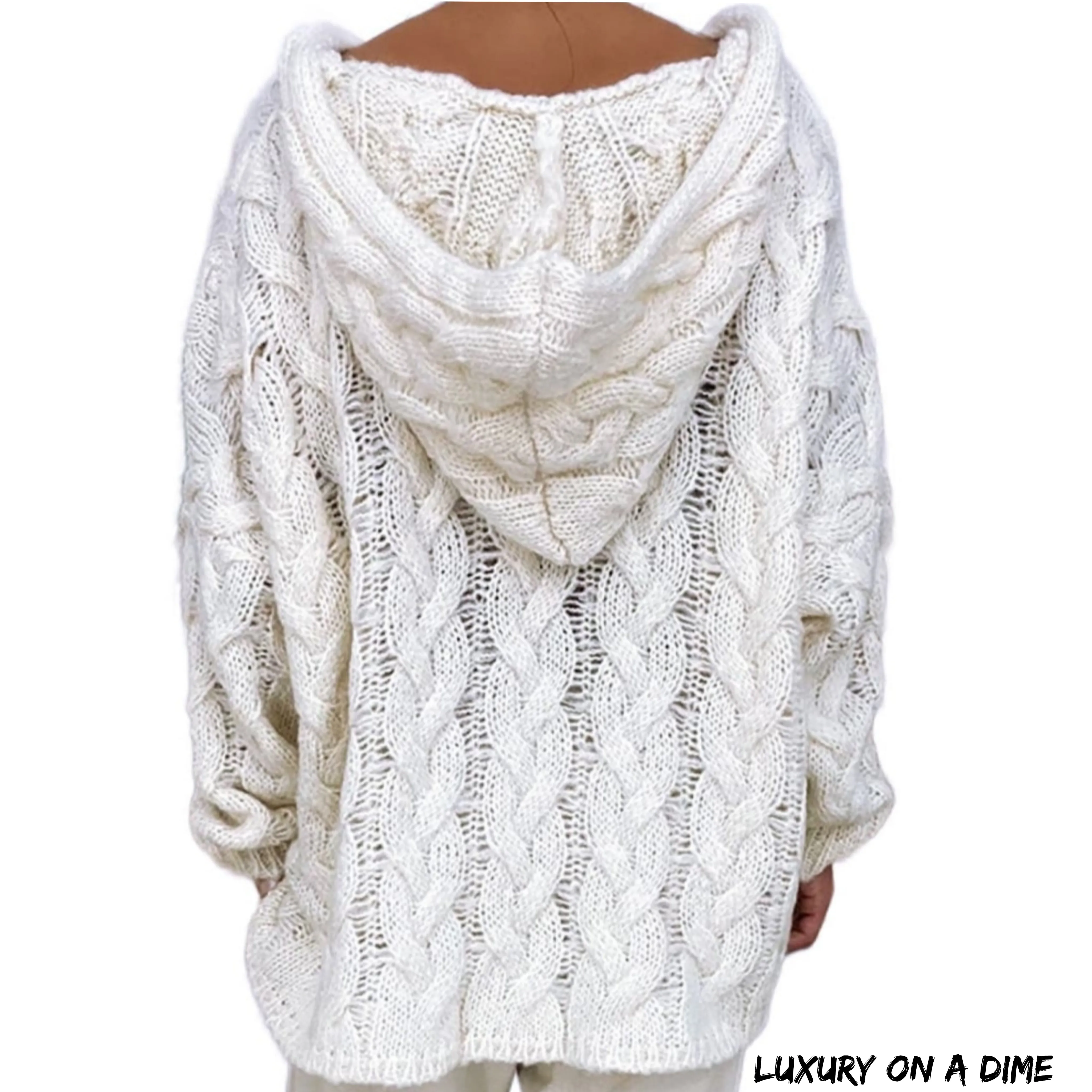 Chunky Cable-Knit Oversized Hoodie Long Sleeve Fall Winter Pullover Sweater