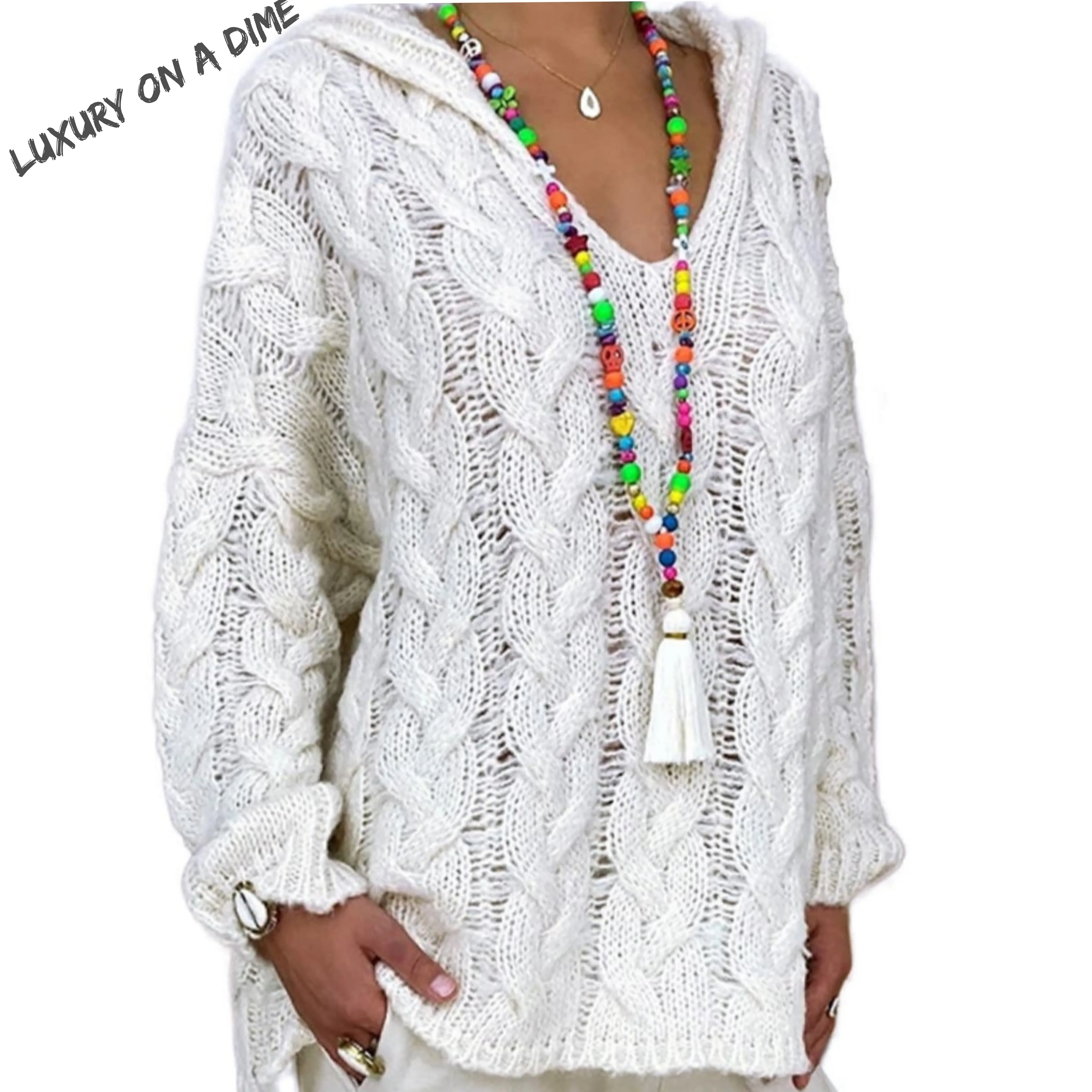 Chunky Cable-Knit Oversized Hoodie Long Sleeve Fall Winter Pullover Sweater