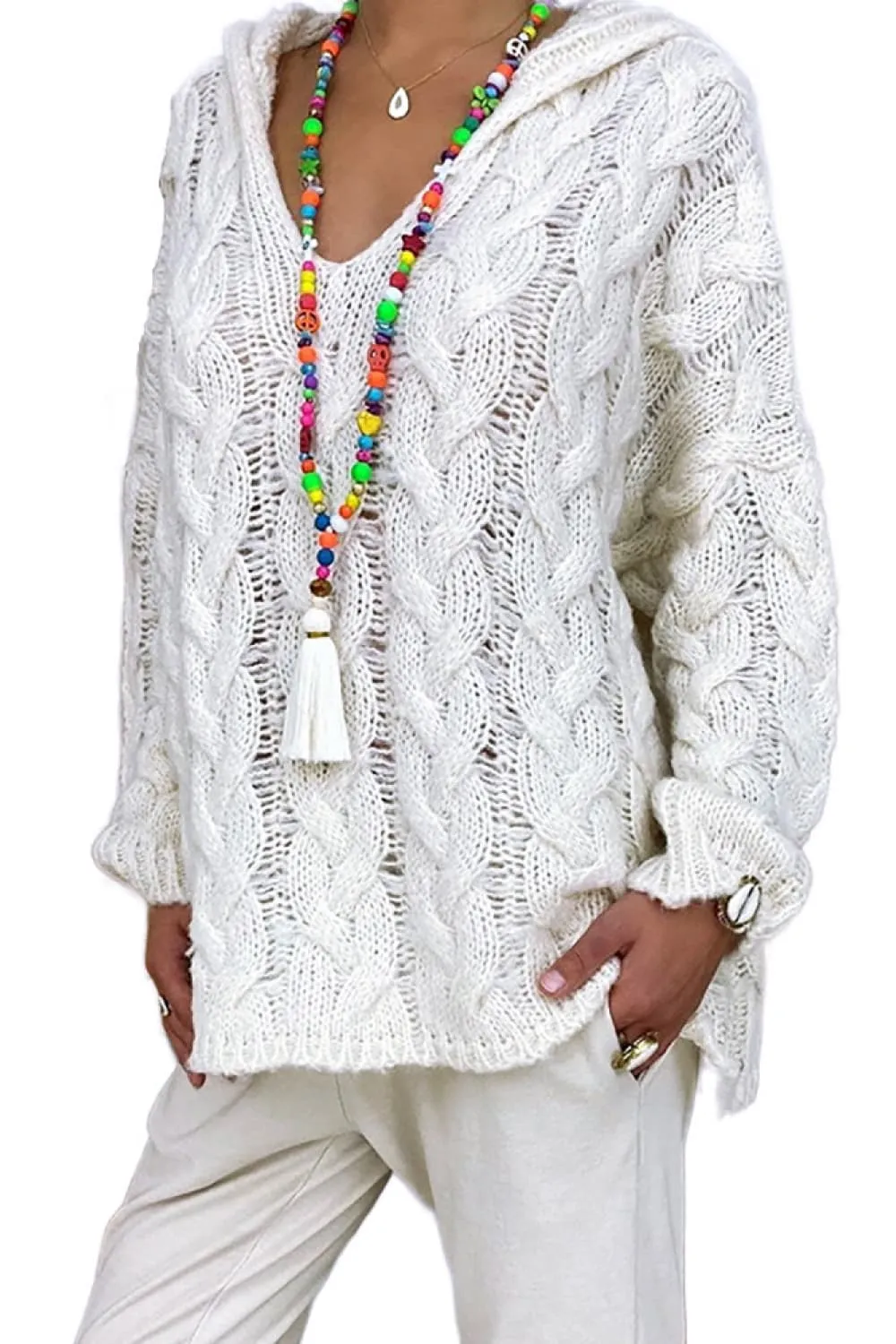 Chunky Cable-Knit Oversized Hoodie Long Sleeve Fall Winter Pullover Sweater