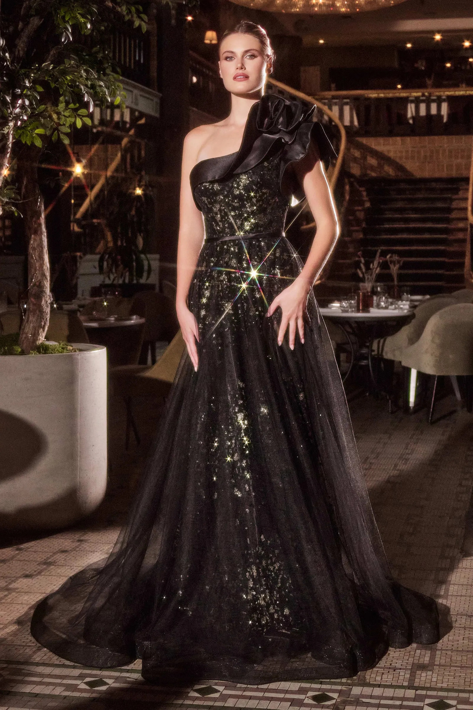 CINDERELLA DIVINE CB157 One Shoulder Black Ball Gown