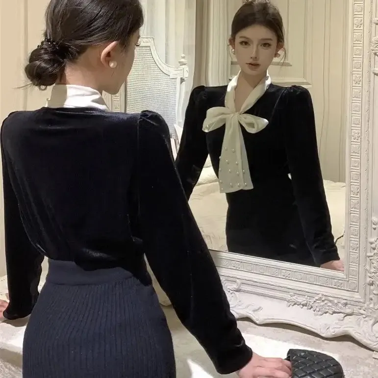 Collar Lace-Up Velvet Blouse