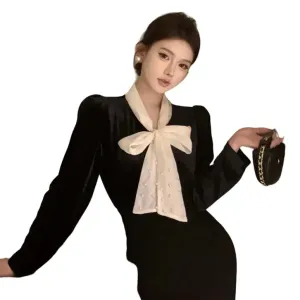 Collar Lace-Up Velvet Blouse