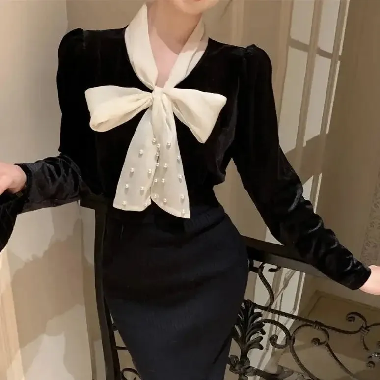 Collar Lace-Up Velvet Blouse
