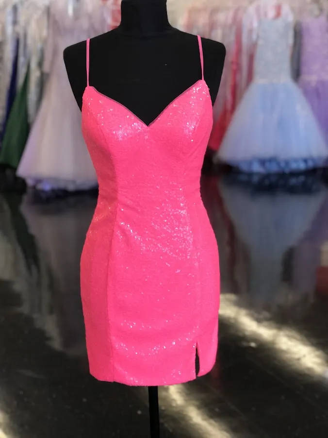 Dave & Johnny 10709 Size 2 Neon Pink Short Sequin Fitted Cocktail Homecoming Dress Slit V Neck Formal Gown