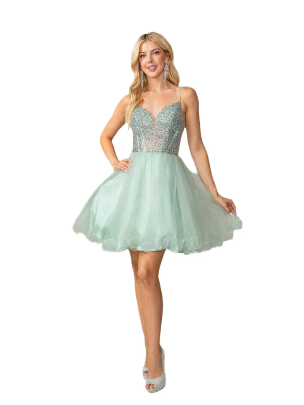DQ 3353 sz 2 sage Crystal sheer Homecoming Dress Corset Cocktail Dress with plunging neckline