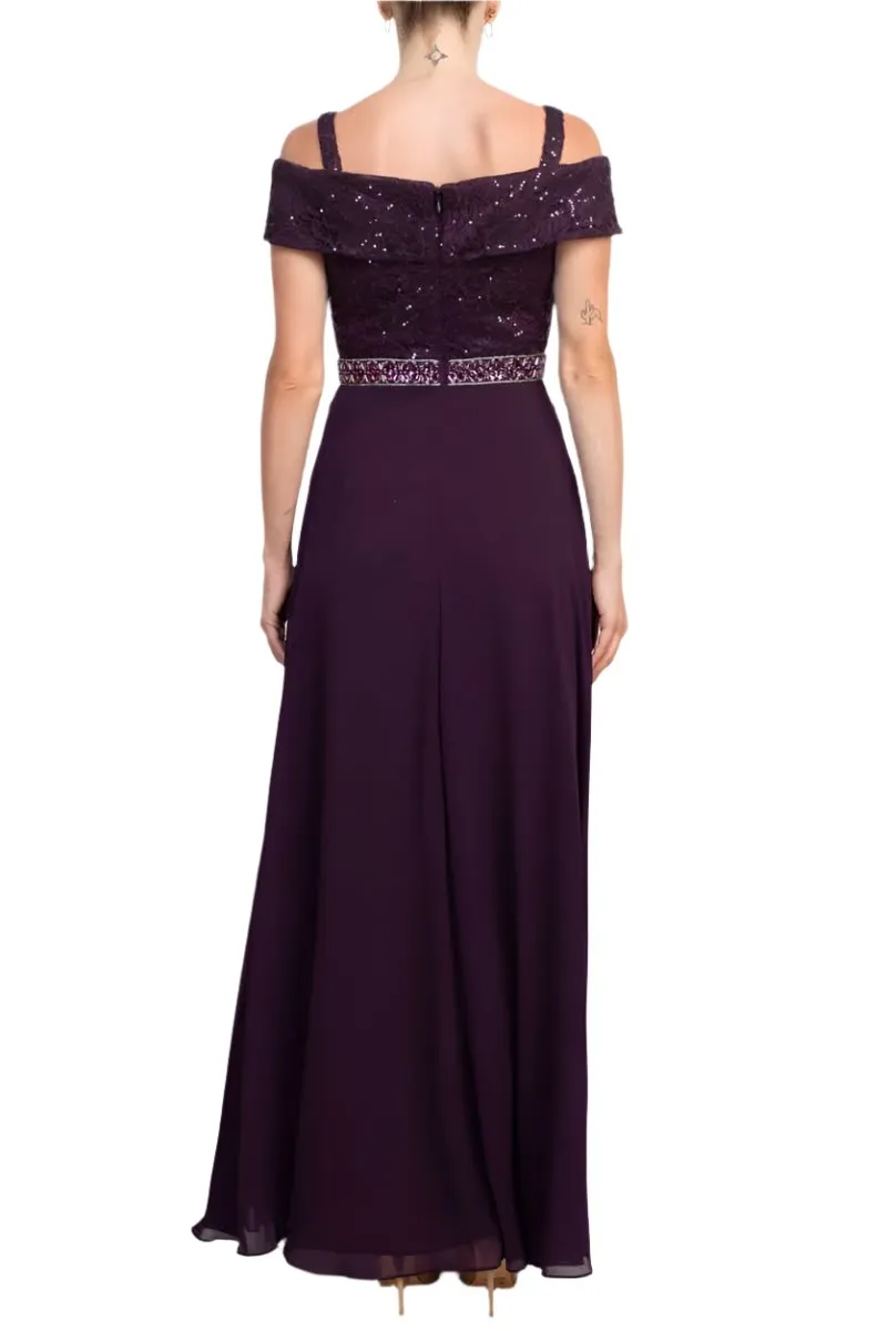 Emma Street Off-Shoulder Popover Embellished Zipper Back Lace Chiffon Gown