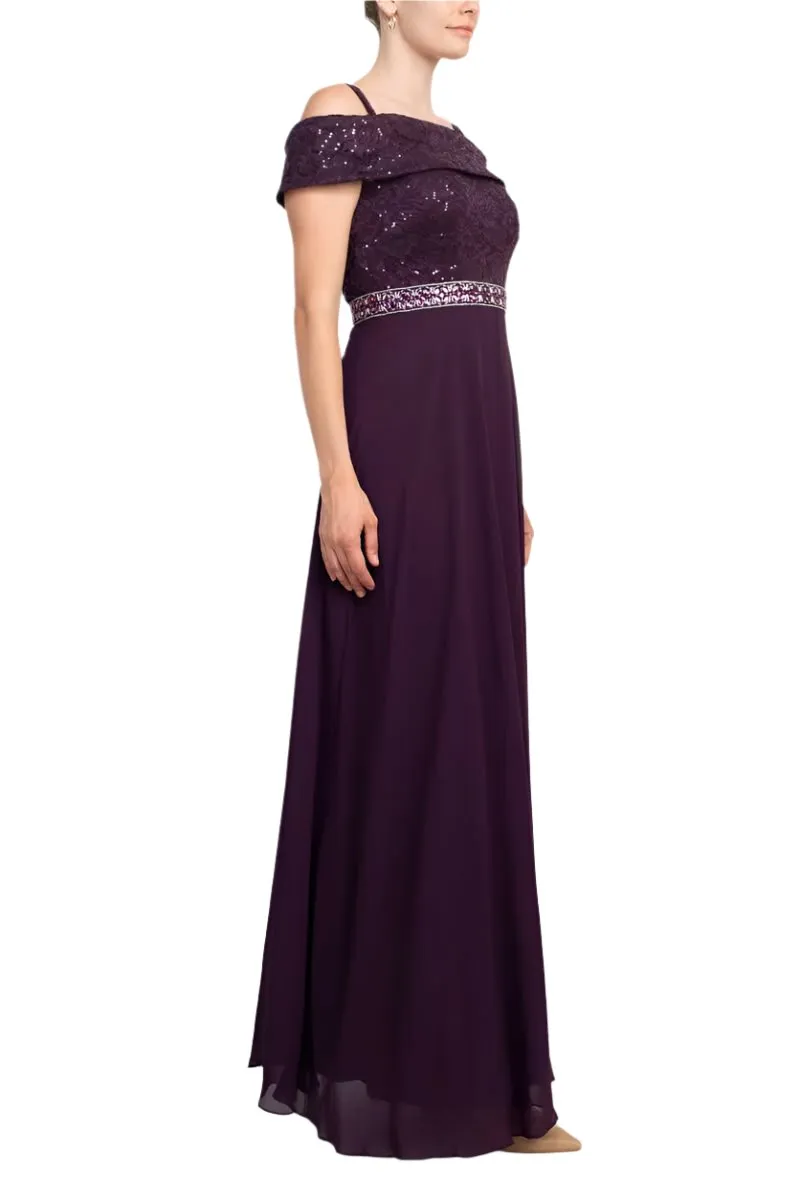 Emma Street Off-Shoulder Popover Embellished Zipper Back Lace Chiffon Gown