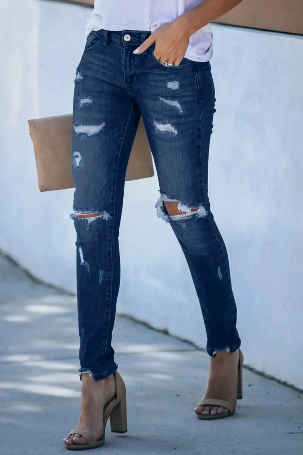 Everyday Midrise Destructed Ankle Skinny Jean-Dark Wash