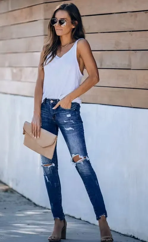 Everyday Midrise Destructed Ankle Skinny Jean-Dark Wash