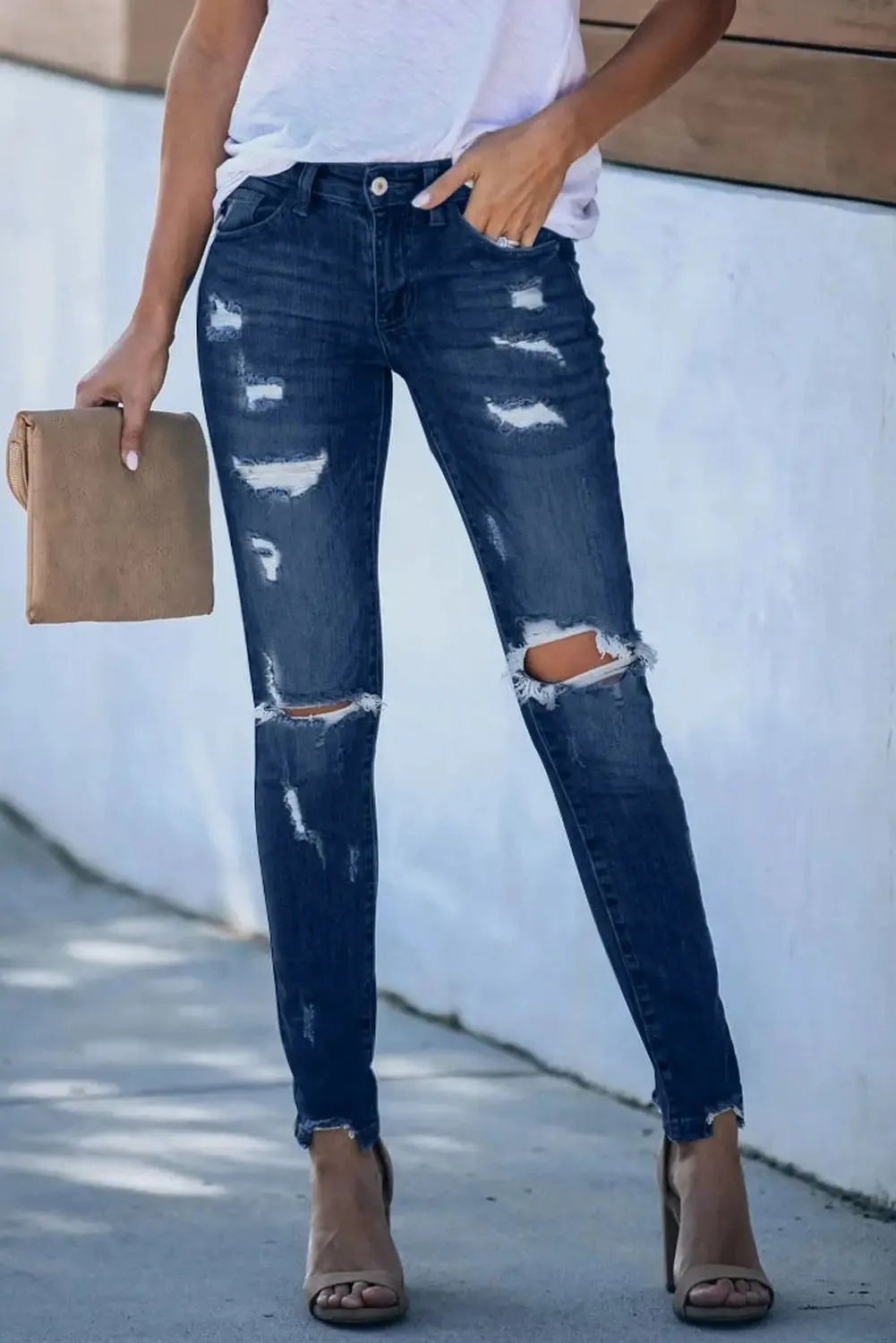 Everyday Midrise Destructed Ankle Skinny Jean-Dark Wash