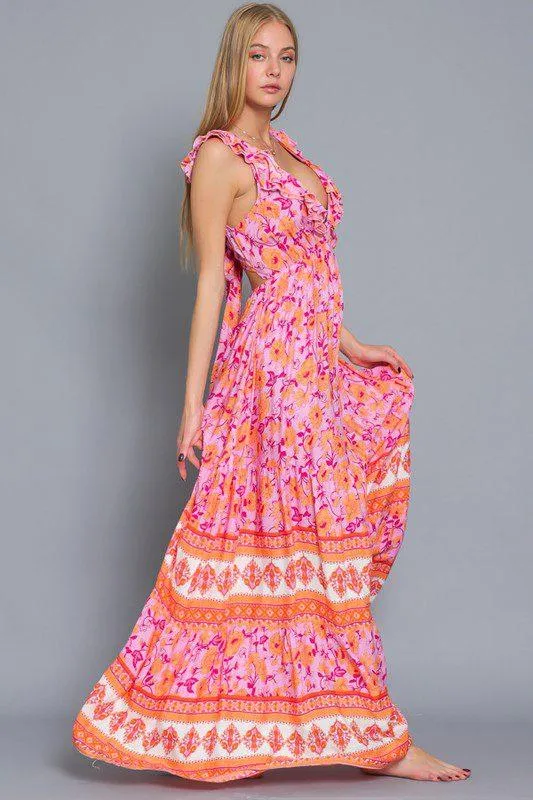 Floral Print V-Neck Maxi Dress